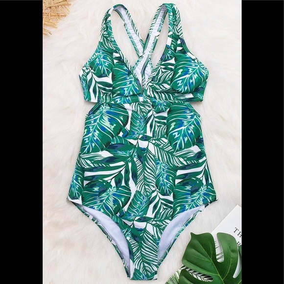 Cupshe Green & Blue Palm Print One-Piece Swimsuit - Picture 3 of 4